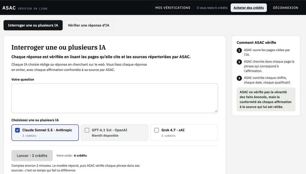 Page Vérifier en ligne d'ASAC