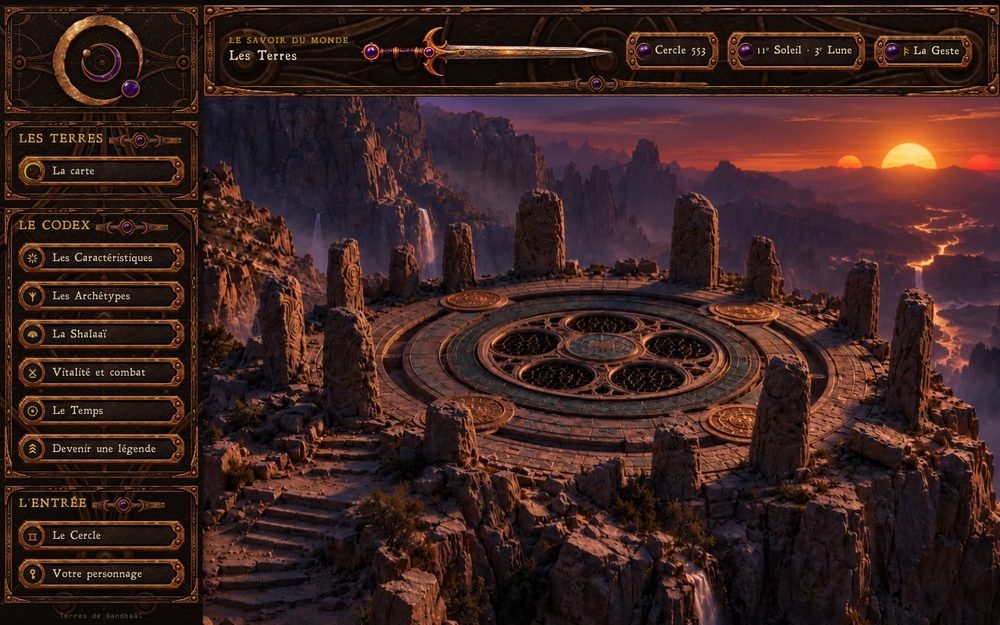 Accueil du jeu Terres de Gandhaäl : le cercle de pierres au couchant et le menu du Codex.