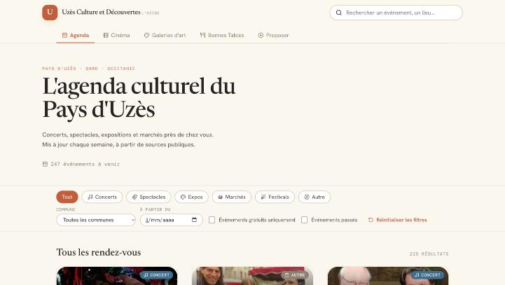 Page d'accueil de l'agenda culturel d'Uzès