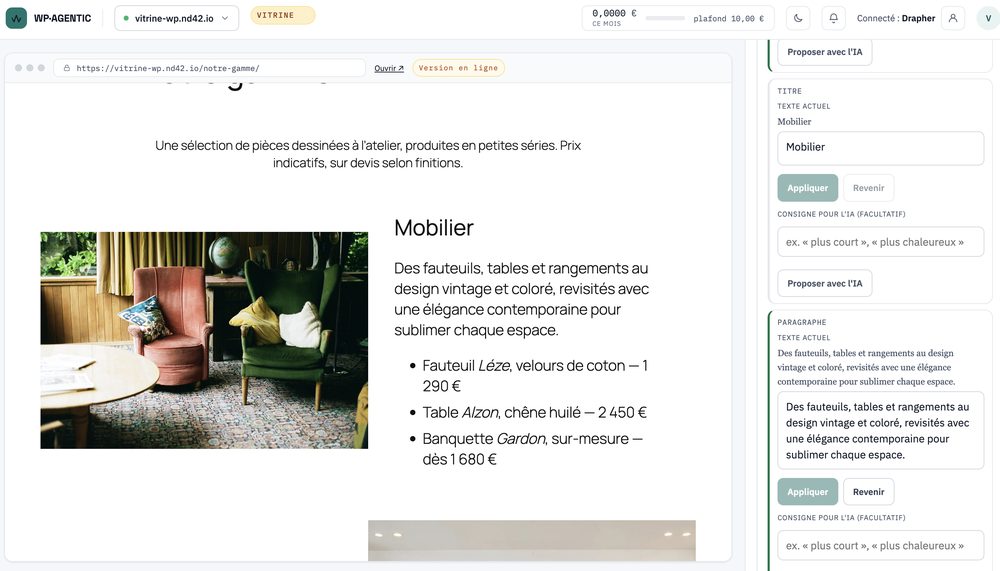 Le site à gauche et les propositions des agents à droite dans WP-Agentic-M
